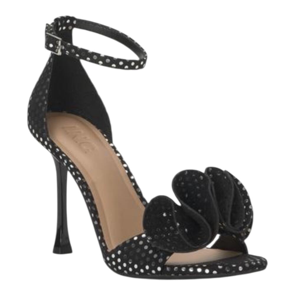 INC Women's Nayeli Ruffle High Heel Dress Sandals Black Silver Dot Size 7 1/2